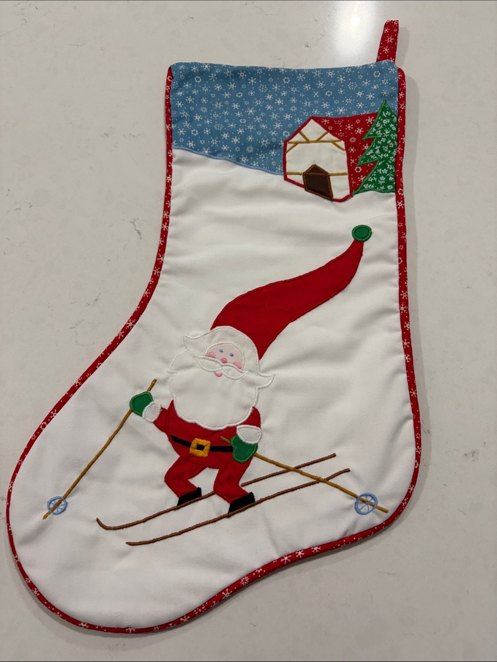 Vintage House of Hatten Applique Christmas Stocking Santa Skiing
